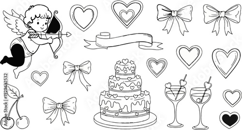 A cupid, tiered cake, drinks, cherries, bows, hearts, and ribbon