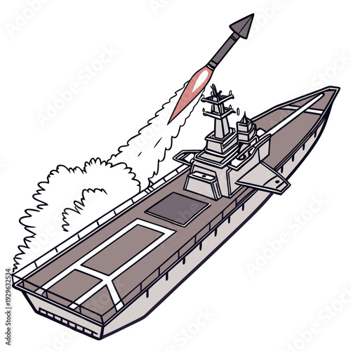 Navy battleship launching red missile warship military
