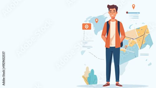 Young male traveler with backpack standing in front of world map and navigation markers, planning international trip and exploring global destinations, flat vector art.