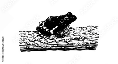 Black and white sketch of a tree frog with banded legs on a textured branch