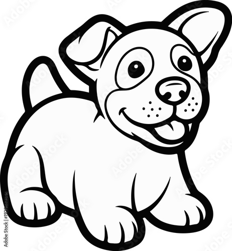 A cartoon outline of a happy dog with floppy ears and a wagging tail