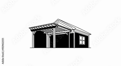 Minimalist black and white illustration of a detached garage with a wooden pergola extension