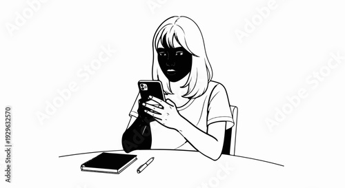 Girl startled by phone notification, holding device, pen, and notebook