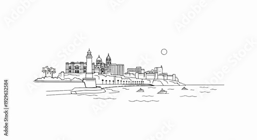 Coastal city skyline with a lighthouse, domes, and boats in the water