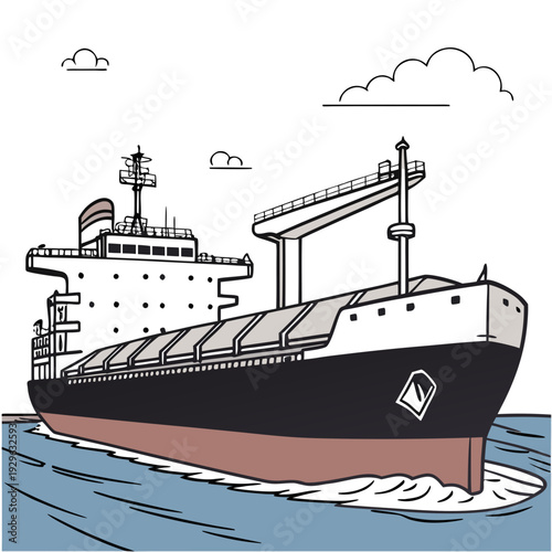 Black and white grain carrier ship sailing on blue water