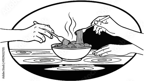 Two hands using forks to lift steaming pasta from a shared bowl