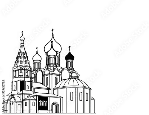 Ornate line drawing of a domed, multi-towered Orthodox church with intricate details