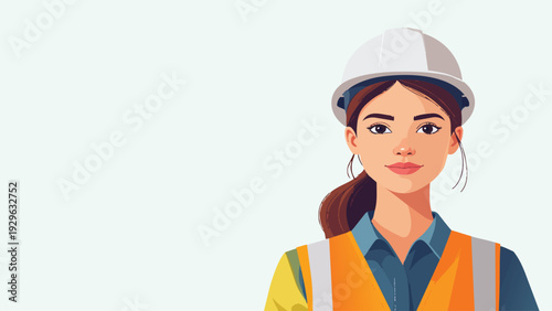 Confident female construction engineer wearing safety helmet and reflective vest professional portrait vector illustration isolated on soft background with copy space.