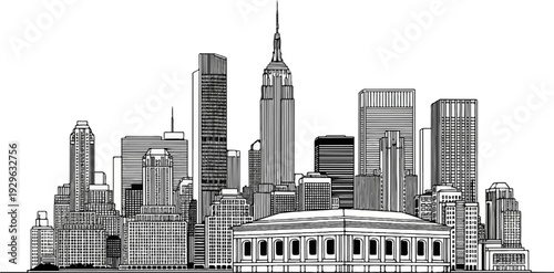 A stylized black and white line drawing depicts a dense urban skyline with varied architecture