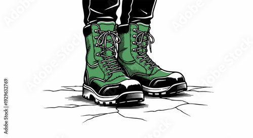 Rugged green boots with black accents stand on cracked ground