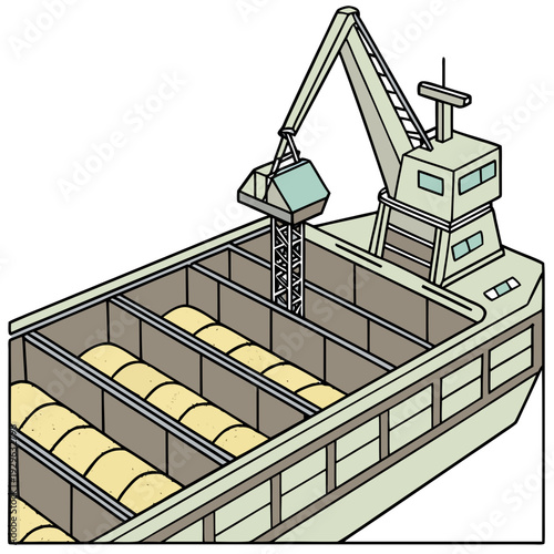 Cargo vessel grain storage hold with crane and bales