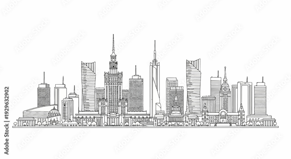 Fototapeta premium Hand-drawn line art depicts a city skyline with diverse modern and classic architectural styles