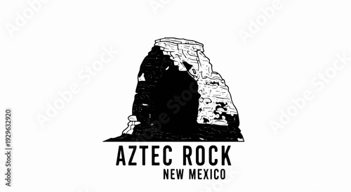 Stylized black and white drawing of a rock formation with archway