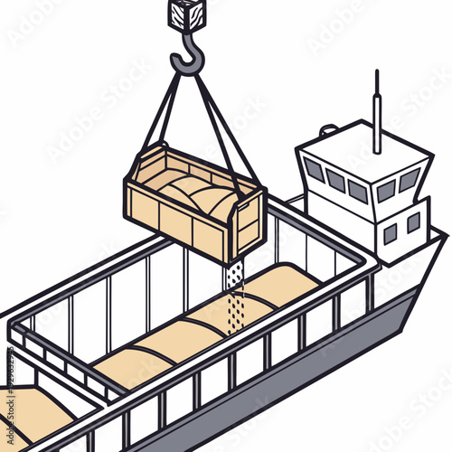 Cargo ship hold filled with sacks being loaded by crane