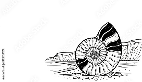 A black and white illustration of a large ammonite fossil on a pebble beach, with cliffs and water in background