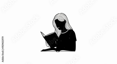 A black and white line drawing of a person reading an open book