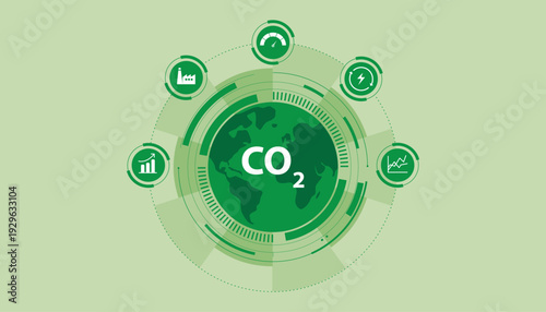 Carbon emission monitoring concept with earth and circular analytics interface representing carbon tracking, industrial impact measurement and climate change assessment.