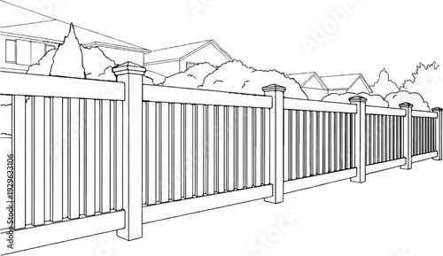 A line drawing shows a white picket fence with decorative caps on posts