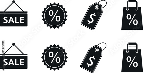 Black Friday Sale and Discount Solid Icon Set with Price Tag, Percent Badge and Shopping Bag Symbols