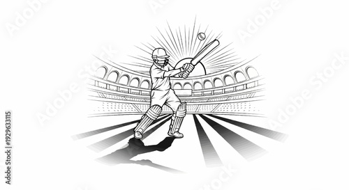 A cricket player swings at a ball in a stadium under a radiant sun