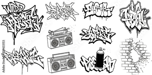 Collection of graffiti art, boomboxes, and spray paint cans on a white background