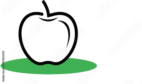 A minimalist black outline of an apple rests on a green oval shape