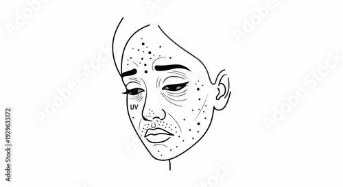 Black and white line drawing of a person's face with many spots and wrinkles