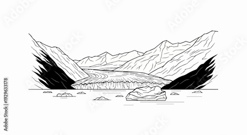 Majestic glacier flows between jagged, mountainous peaks into icy waters