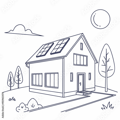 Solar powered house with trees and sun solar powered home