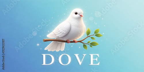 White Dove Bird Sitting on Tree Branch Symbol of Peace Love and Freedom with Soft Blue Background Elegant Vector Illustration