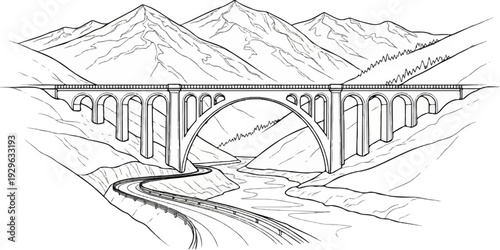 A grand viaduct spans a mountain valley, with a train crossing and a river winding below