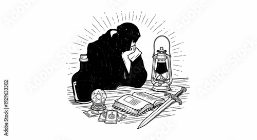 Somber figure contemplates destiny with mystic tools under ethereal light