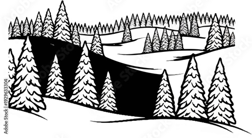 Black and white illustration of a snowy forest landscape with rolling hills and evergreens