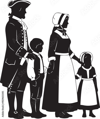 Colonial family vector silhouette illustration depicting early american pioneer life style