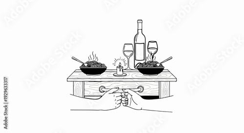 A romantic candlelit dinner for two, with steaming bowls of pasta and wine