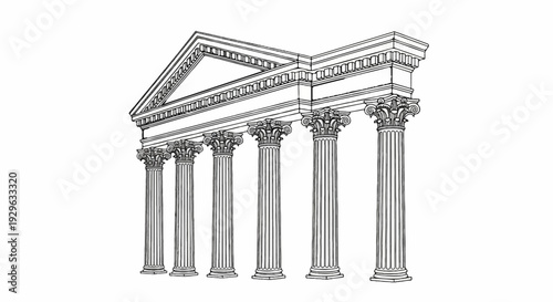 A black and white sketch depicts a classical building facade with a triangular pediment