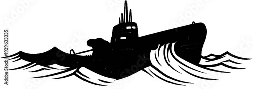 Stylized black silhouette of a submarine navigating rough seas with choppy waves