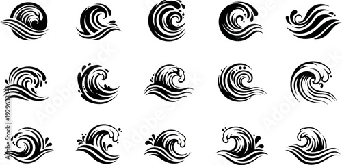 Collection of stylized black ink wave illustrations on a white background