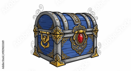 Ornate blue wooden chest with gold accents and a large red gemstone