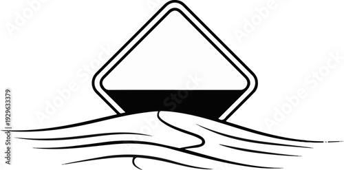 Black and white graphic of a stylized vessel on abstract waves