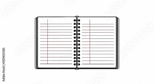 Open spiral-bound notebook with ruled pages and vertical lines