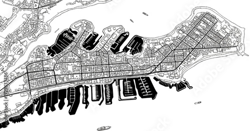 Detailed black and white map of a city harbor with intricate streets and docked vessels