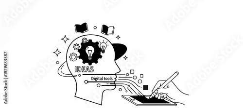 Head with gears, lightbulbs, and open books symbolizes idea generation with digital tools