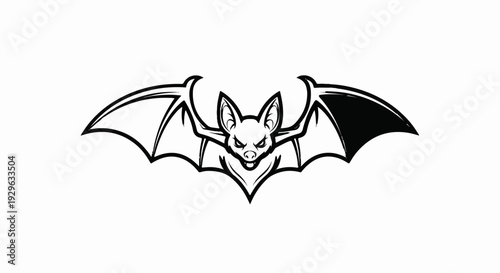 A black and white graphic of a bat with outstretched wings, sharp teeth, and an aggressive expression