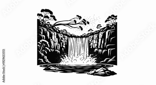 A striking black and white illustration of a powerful waterfall cascading into a serene pool