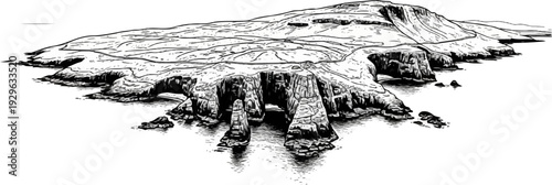 Dramatic coastal cliffs with sea stacks and winding paths on a hill