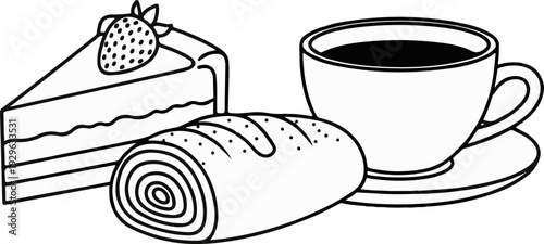 Slice of cake with strawberry, pastry, and a cup of coffee