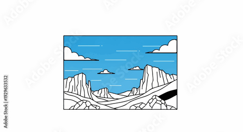 Stylized desert landscape with dramatic rock formations against a bright blue sky