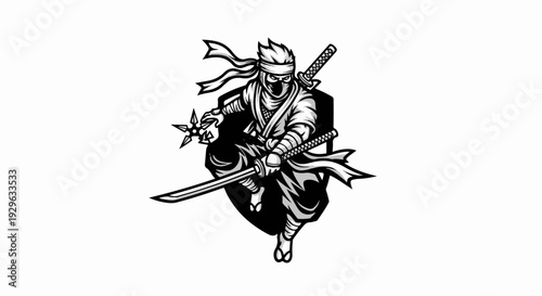 Agile warrior in traditional attire with swords and shuriken emblem