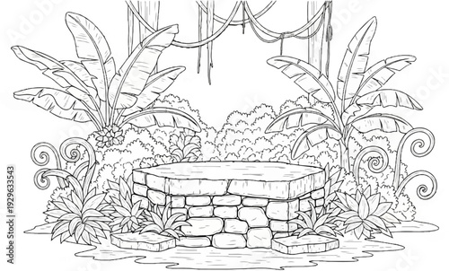 Stone altar surrounded by jungle plants, banana leaves, and hanging vines